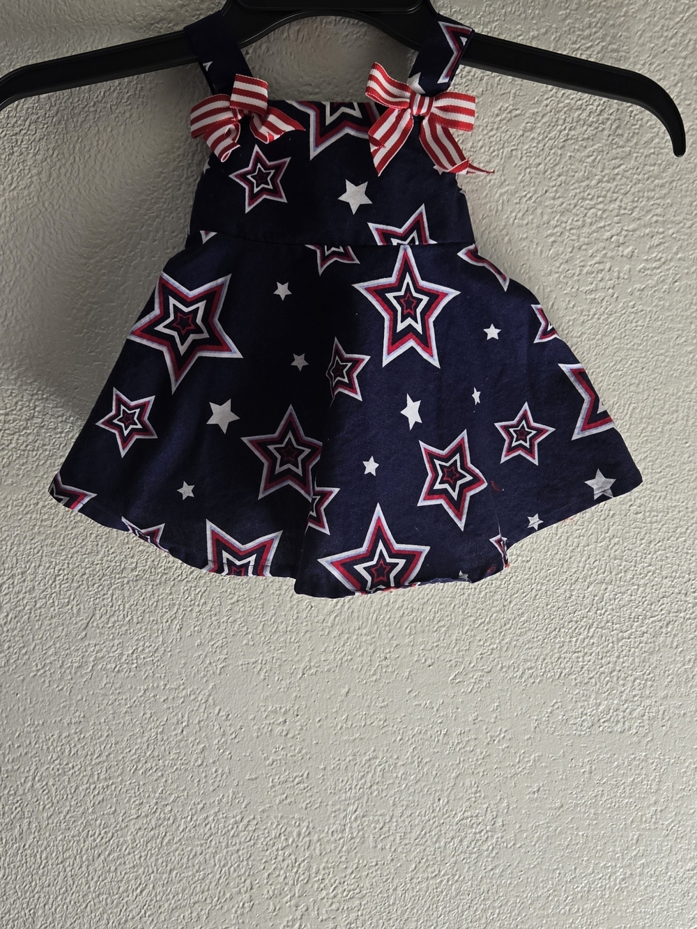 Jessica Ann Navy and White Star Baby Dress with Red Bow Accents